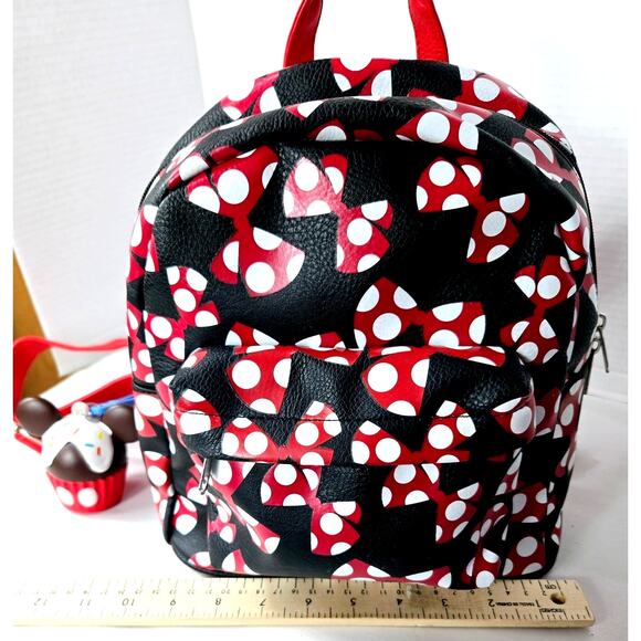 Disney Parks Backpack Minnie Mouse Large Bow Bag w/ Mickey Cupcake Keychain - Picture 6 of 13
